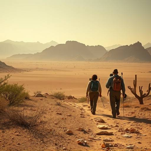 Fotograma de la serie Horizontes Lejanos, mostrando exploradores cruzando un desierto.