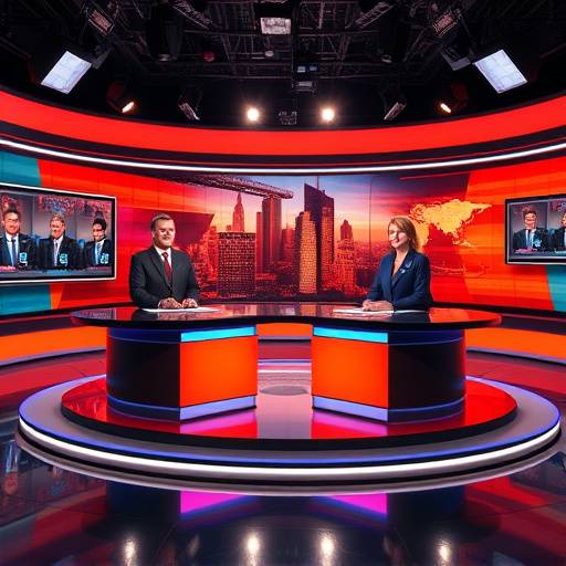 Imagen del set del noticiero El Pulso de la Ciudad, con los presentadores en vivo.